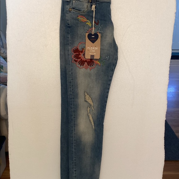PLEASE small slim fit mid rise embroidered & distressed jeans raw hems Italy NWT - Picture 2 of 15
